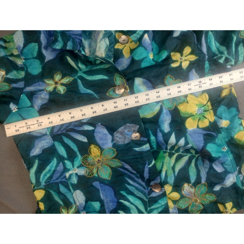 chicos tops size 2 L Jacket Dress Button Shirt 100% Silk Floral Embroidery Blue - Picture 8 of 9